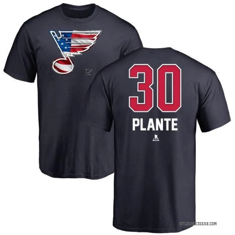 Jacques Plante Men's Navy St. Louis Blues Name and Number Banner Wave T-Shirt -