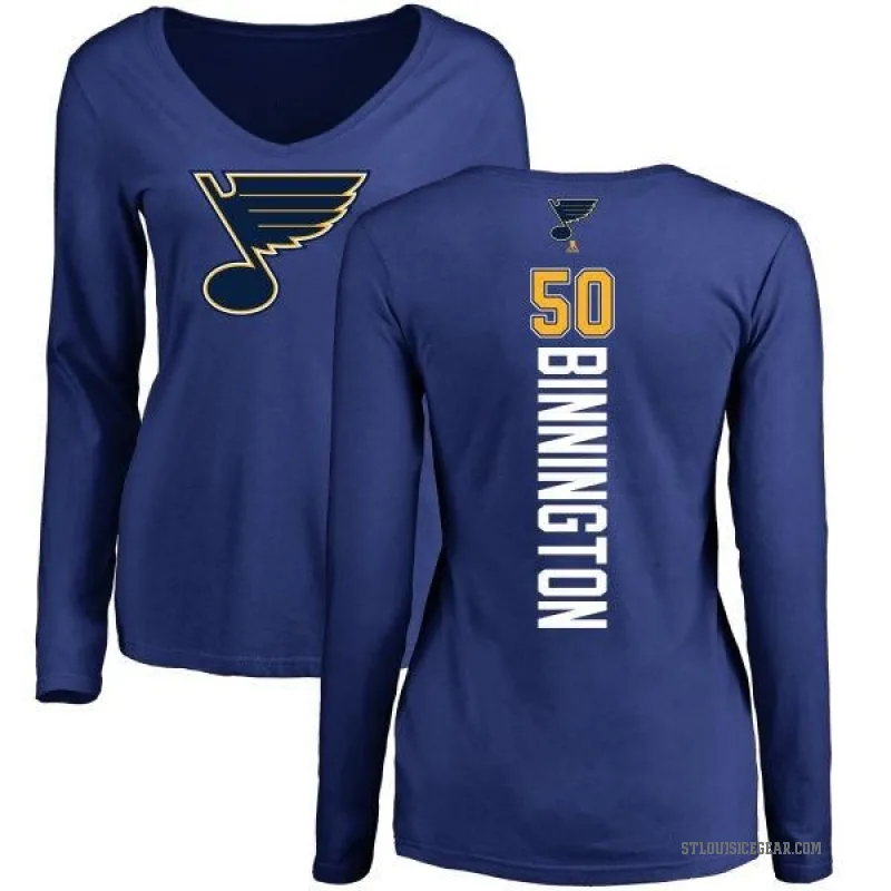 Jordan Binnington Women's Royal St. Louis Blues Backer V-Neck Long-Sleeve T-Shirt -